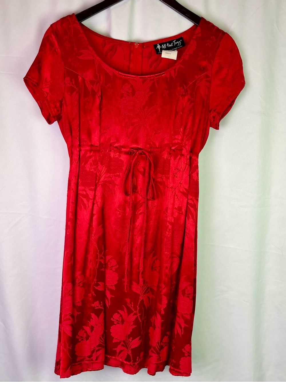 Vintage Red Satin Floral Babydoll Dress Size 9
